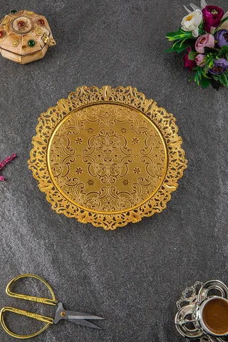 Yuvarlak İşleme Motifli Sunum Tepsi 26 Cm Altın